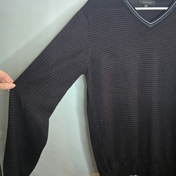 Saks Fifth Avenue Sweater Vneck Wool Blend Black Striped Mens L - Picture 5 of 9